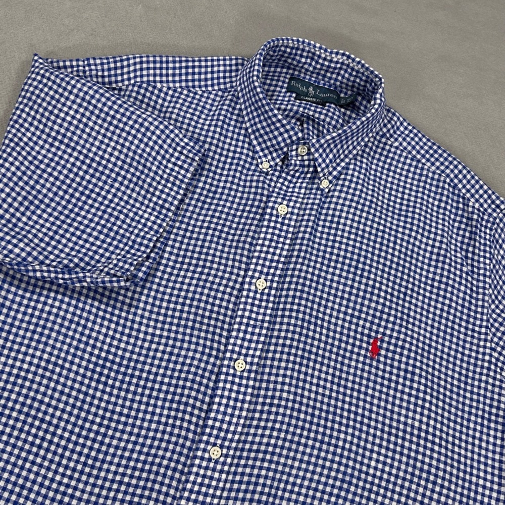 Ralph Lauren Mens XLT Blue Gingham 100% Linen Short Sleeve Button Down Shirt